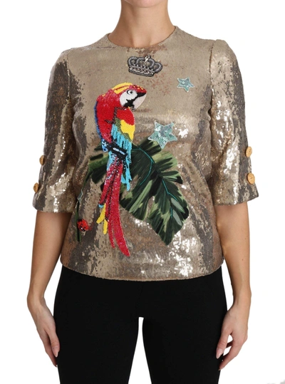 Shop Dolce & Gabbana Gold Sequined Parrot Crystal Blouse