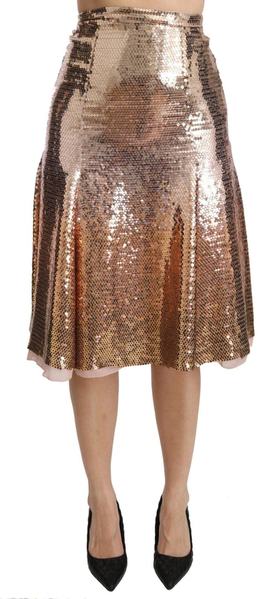 Shop Dolce & Gabbana Gold Sequined High Waist Midi Skirt