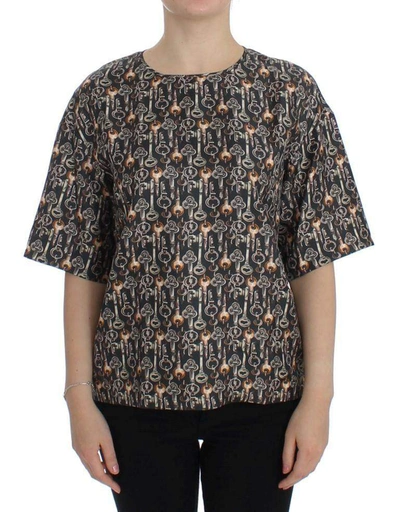 Shop Dolce & Gabbana Gray Gold Key Print Silk Blouse T-shirt