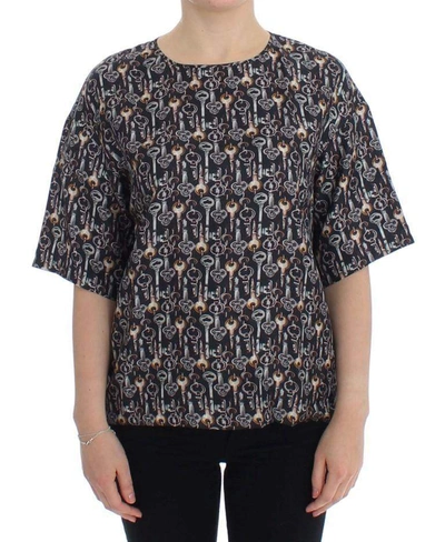 Shop Dolce & Gabbana Gray Gold Key Print Silk Blouse T-shirt