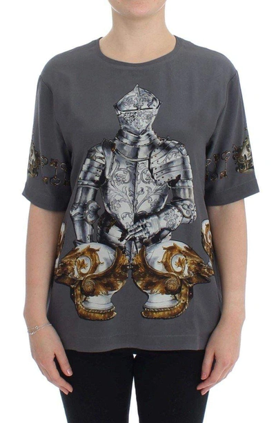 Shop Dolce & Gabbana Gray Knight Crown Print Silk Blouse Top