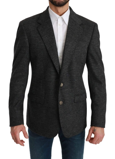 Shop Dolce & Gabbana Gray Plaid Check Wool Formal Jacket Blazer