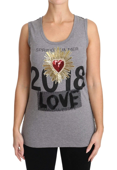 Shop Dolce & Gabbana Gray Tank Top Crystal Sequined Heart  T-shirt
