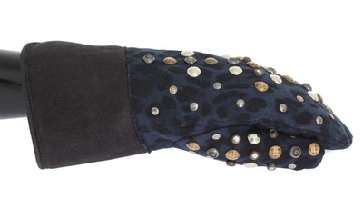 Dolce & Gabbana Gray Wool Shearling Studded Blue Leopard Gloves In Gray