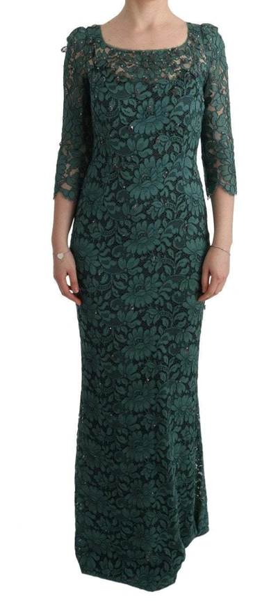Shop Dolce & Gabbana Green Floral Crystal Ricamo Sheath Dress