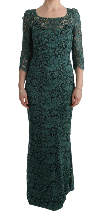Dolce & Gabbana Green Floral Crystal Ricamo Sheath Dress In Green