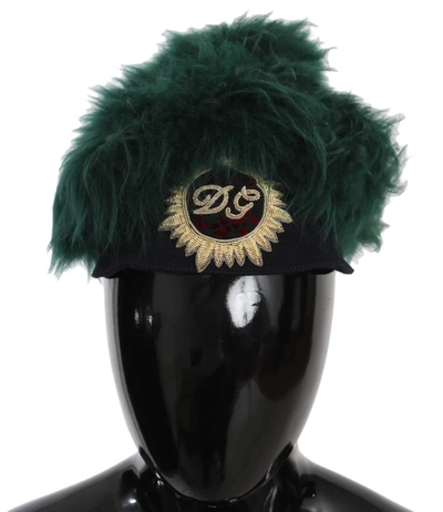 Shop Dolce & Gabbana Green Fur Dg Logo Embroidered Cloche Hat