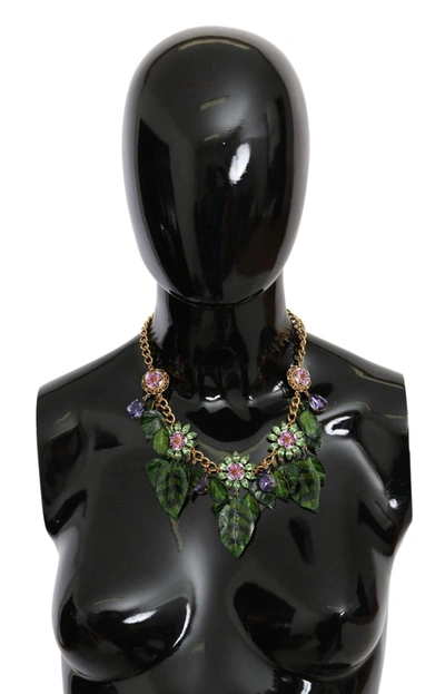 Shop Dolce & Gabbana Green Leaves Gold Brass Crystal Flower Pendant Necklace