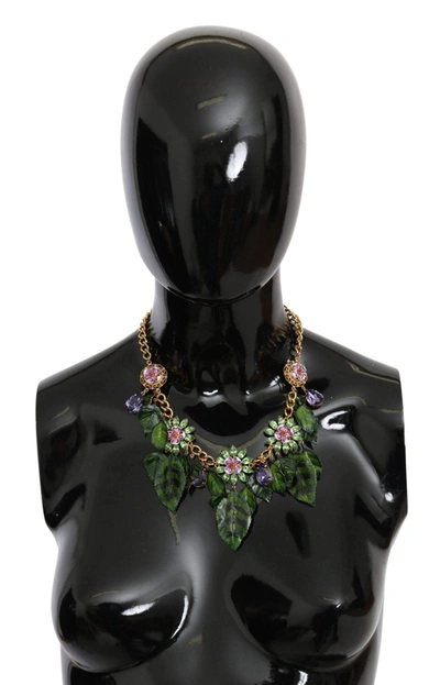 Dolce & Gabbana Green Leaves Gold Brass Crystal Flower Pendant Necklace In Gold