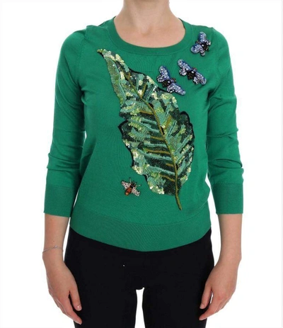 Shop Dolce & Gabbana Green Silk Crystal Banana Sweater