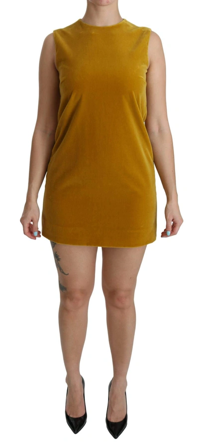 Shop Dolce & Gabbana Mustard Velvet Stretch Shift Mini Dress In Yellow