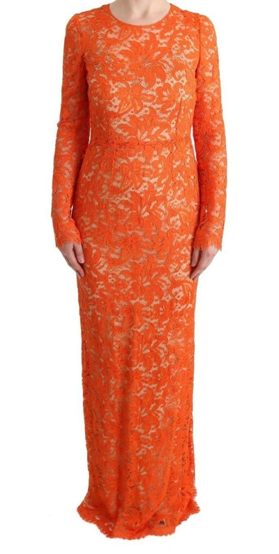 Shop Dolce & Gabbana Orange Floral Ricamo Sheath Long Dress