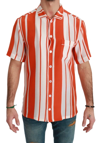 Shop Dolce & Gabbana Orange Silk Striped Short Sleeve White Shirt