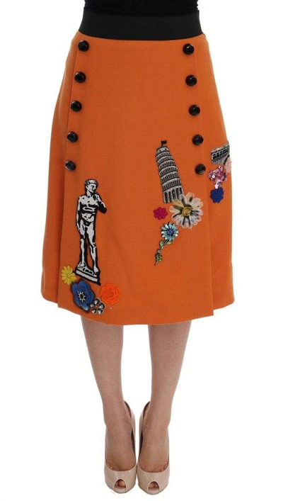 Shop Dolce & Gabbana Orange Wool Crystal Sequin Appliques Skirt