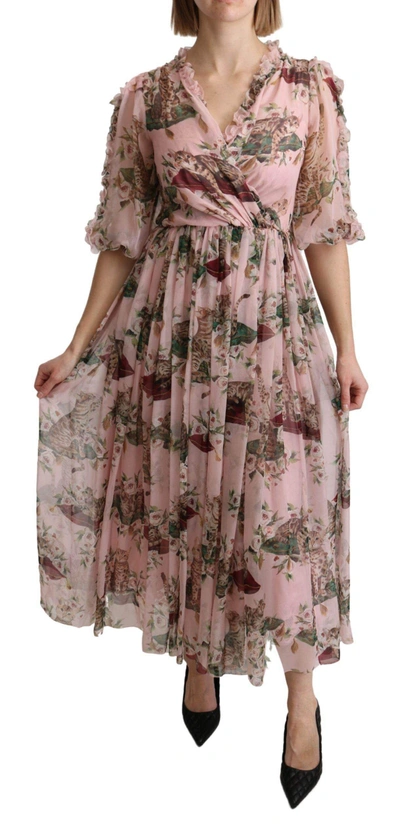 Shop Dolce & Gabbana Pink Bengal Cat Print A-line Maxi Silk  Dress