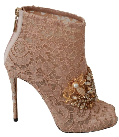 Shop Dolce & Gabbana Pink Crystal Lace Booties Stilettos Shoes