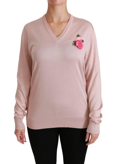 Shop Dolce & Gabbana Pink Floral Embellished Pullover Silk Sweater