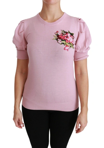 Shop Dolce & Gabbana Pink Floral Embroidered Blouse Wool Top