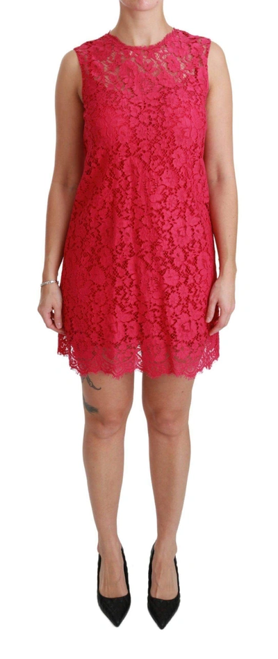 Shop Dolce & Gabbana Pink Floral Lace Shift Gown Mini Dress