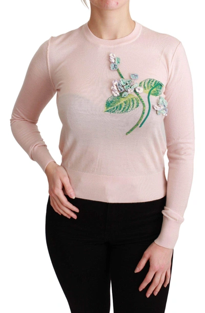 Shop Dolce & Gabbana Pink Floral Silk Cashmere Pullover Sweater