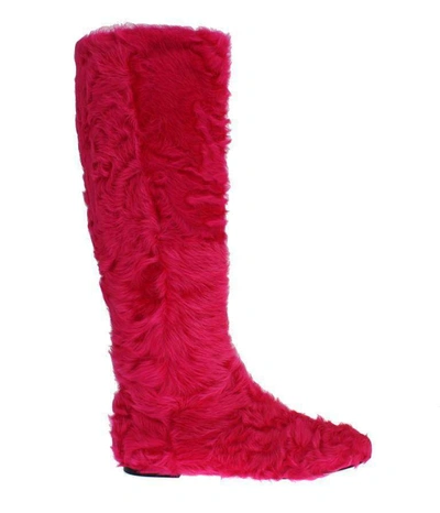 Shop Dolce & Gabbana Pink Lamb Fur Leather Flat Boots