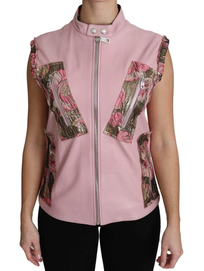 Shop Dolce & Gabbana Pink Zippered Lamb Sleeveless Vest Leather Jacket