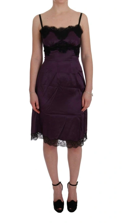 Shop Dolce & Gabbana Purple Silk Stretch Black Lace Dress