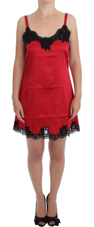 Shop Dolce & Gabbana Red Black Silk Lace Dress Lingerie