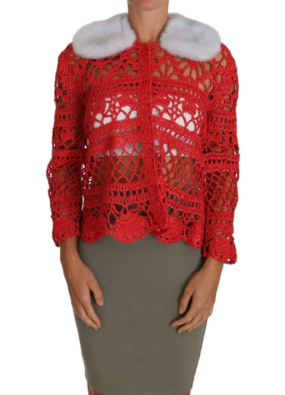 Shop Dolce & Gabbana Red Cardigan Crochet Knit Raffia Sweater