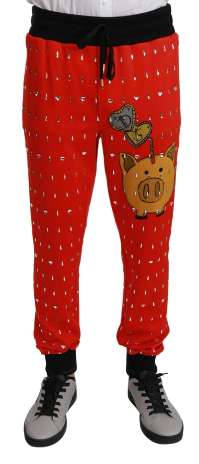 Shop Dolce & Gabbana Red Piggy Bank Cotton Crystal Trousers Pants