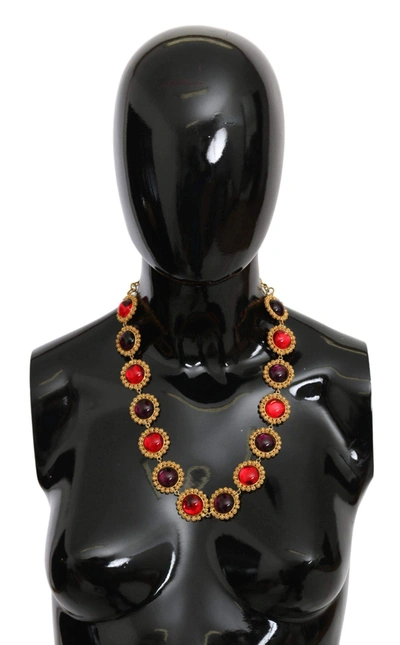 Shop Dolce & Gabbana Red Purple Crystal Floral Chain Statement Gold Brass Necklace