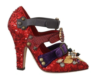 Shop Dolce & Gabbana Red Sequined Crystal Studs Heels Shoes