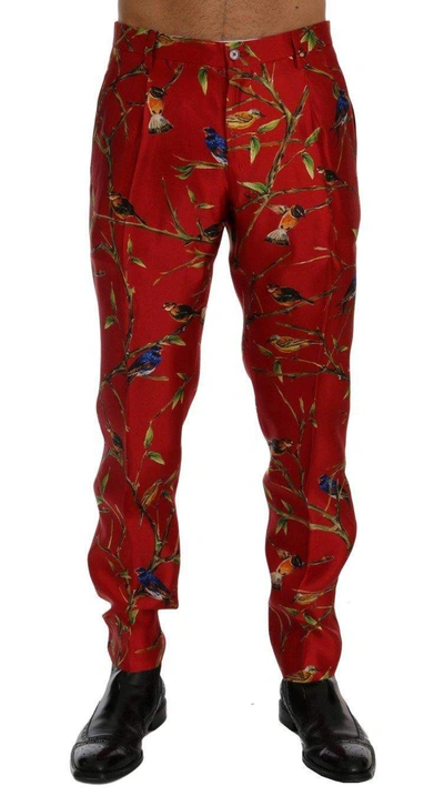 Shop Dolce & Gabbana Red Silk Bird Print Dress Pants