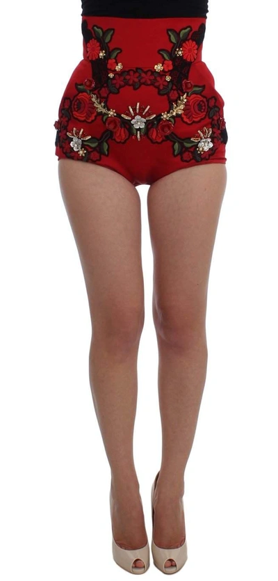 Shop Dolce & Gabbana Red Silk Crystal Roses Shorts