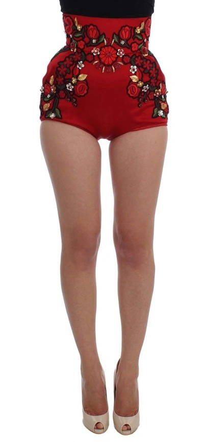 Shop Dolce & Gabbana Red Silk Crystal Roses Shorts