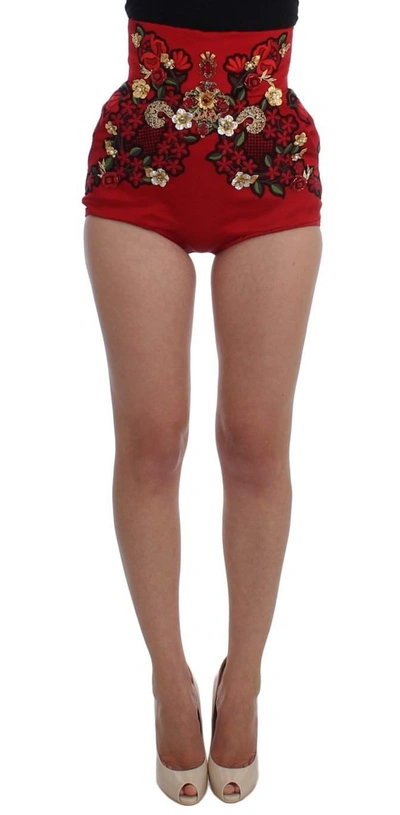 Shop Dolce & Gabbana Red Silk Crystal Roses Shorts