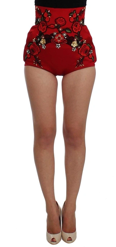 Shop Dolce & Gabbana Red Silk Crystal Roses Shorts