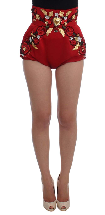 Shop Dolce & Gabbana Red Silk Crystal Roses Shorts