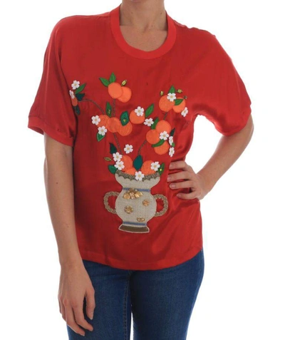 Shop Dolce & Gabbana Red Silk Oranges Floral Crystal Blouse