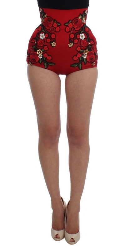 Shop Dolce & Gabbana Red Silk Roses Sicily Shorts