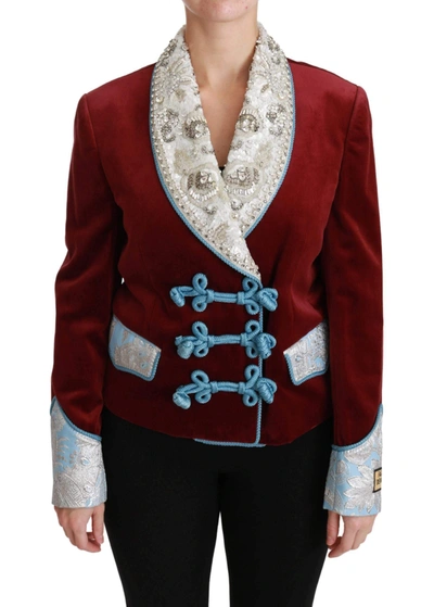 Shop Dolce & Gabbana Red Velvet Baroque Crystal Blazer Jacket