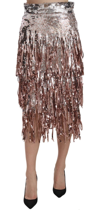 Shop Dolce & Gabbana Sequin Embellished Fringe Midi Pencil Skirt In Silver