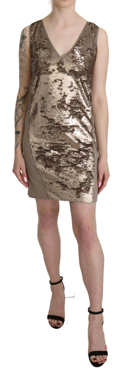 Shop Liu •jo Dolce & Gabbana  Sequined V-neck Sleeveless Sheath Mini Dress In Brown