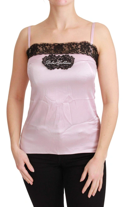 Shop Dolce & Gabbana Silk Black Lace Top Pink Tank Blouse In Silver