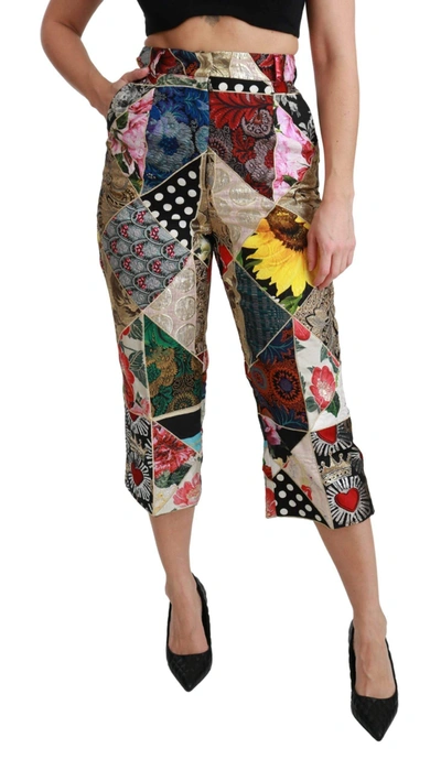 Shop Dolce & Gabbana Silk Multicolor Print High Waist Cropped Pants