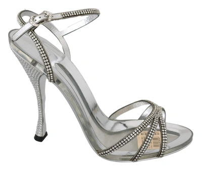 Dolce & Gabbana Silver Crystal Ankle Strap Sandals Shoes In Silver