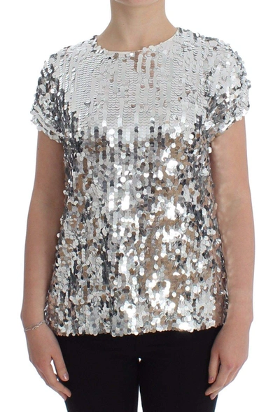 Shop Dolce & Gabbana Silver Sequined Crewneck Blouse T-shirt Top