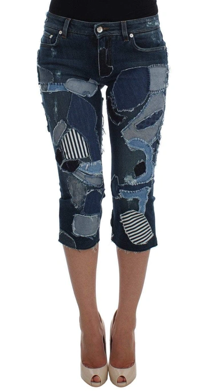 Shop Dolce & Gabbana Stretch Blue Patchwork Jeans Shorts