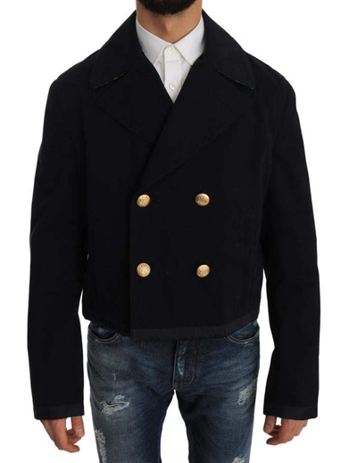 Shop Dolce & Gabbana Trench Blue Cotton Stretch Jacket Coat