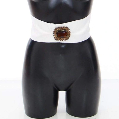 Dolce & Gabbana White Crystal Brass Wide Waist Runway Belt In White
